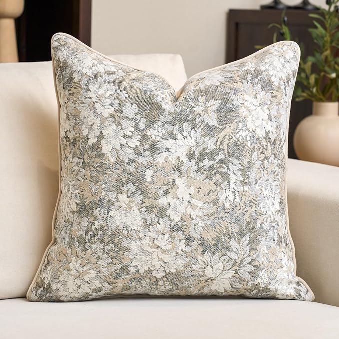 Alerfa Beige Neutral Floral Pillow Cover 18 x 18 Inch, Vintage Chenille Square Couch Pillow Cover Soft Decorative Farmhouse Accent Pillowcase for Living Room Bedroom