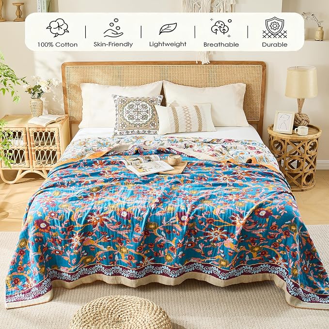 VANJOROY Boho Throw Blanket, 100% Organic Cotton Breathable Skin-Friendly Ultra Soft 60" x 80" Bed Quilt Throw - Floral Rustic Decor Luxury Reversible Blanket for Sofa Couch Chair and Gift,