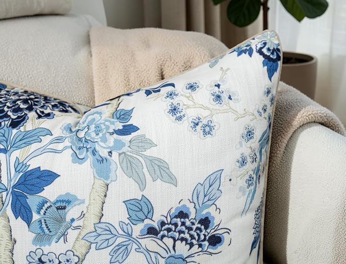 Chinoiserie Bird Hydrangea Print 20x20 Throw Pillow Cover, Blue | Blue bird and hydrangea floral on off-white slub, tan piping; both sides printed; hidden; cover only