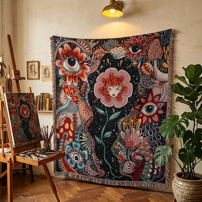 Hippie Flower Cotton Woven Boho Throw Blanket for Couch Bed Chair Lounge Hippie Room Decor Reversible Whimsical Throw Blanket Witchy Room Decor Throws Bed Spread Outdoor Camping Blankets 51x59 Inches