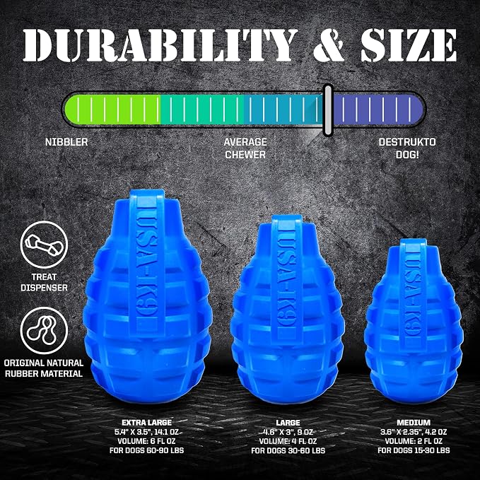 SodaPup USA-K9 Grenade – Durable Dog Treat Dispenser and Chew Toy Made in USA from Non-Toxic, Pet Safe, Food Safe Natural Rubber Material for Mental Stimulation, Problem Chewing, Calming Nerves & More