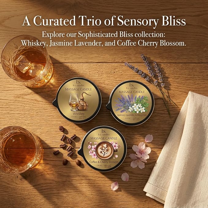 3 Pack Low Temperature Massage Candle Set, Soy Wax Melts into Nourishing Skin Oil with Jojoba & Shea Butter, for Home Spa & Relaxation, 2.35 oz - 3 Scents (Whiskey Sets)