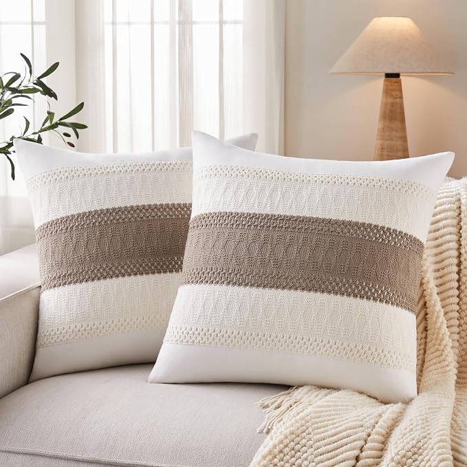 2pk Boho Pillow Covers 22x22, Natural White/Contrast/Cocoa Brown | 100% Organic Cotton Body, Stripe Embroidery, Farmhouse Decorative Cushion Covers for Sofa Bed Living Room Home Decor