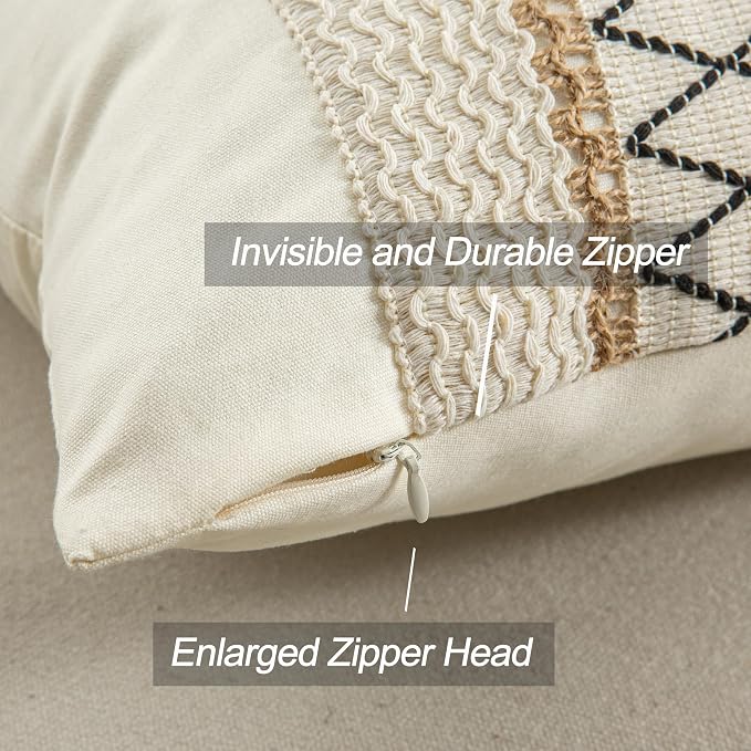 Throw Pillow Covers 20 x 20 Inch 1PC for Farmhouse Living Room, Cotton & Burlap Textured Striped Woven Boho Pillow Covers (Beige & Black Grid)
