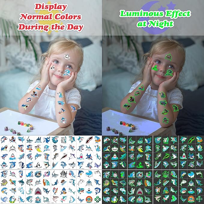 96 PCS Ocean Shark Glow In The Dark Pre-Cut Temporary Tattoos Sticker Sea Animal Birthday Party Decorations Decor Favors Supplies Gifts Boys Girls Cute Fake Tattoo School Reward Themed (Luminous)