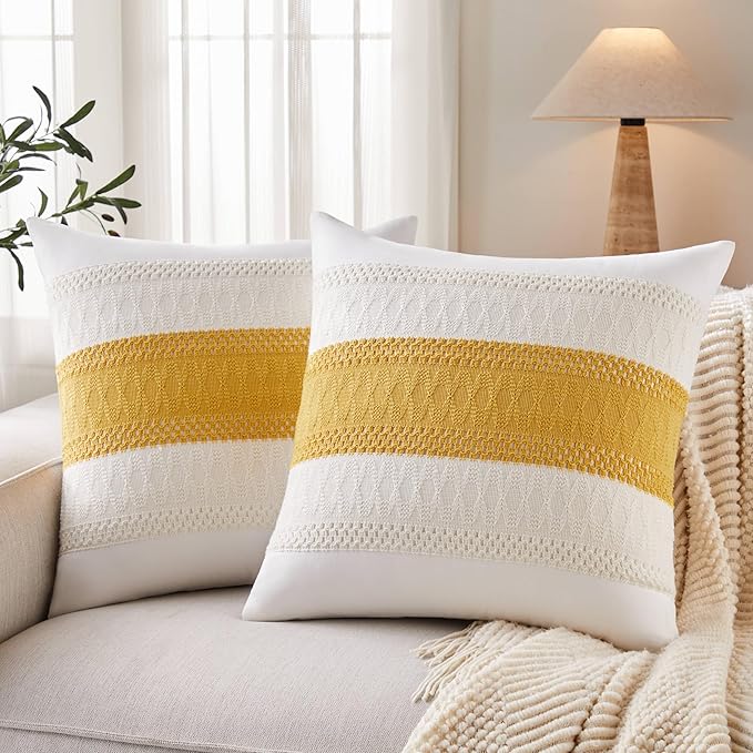 2pk Boho Pillow Covers 22x22, Natural White/Contrast/Mustard Yellow | 100% Organic Cotton Body, Stripe Embroidery, Farmhouse Decorative Cushion Covers for Sofa Bed Living Room Home Decor