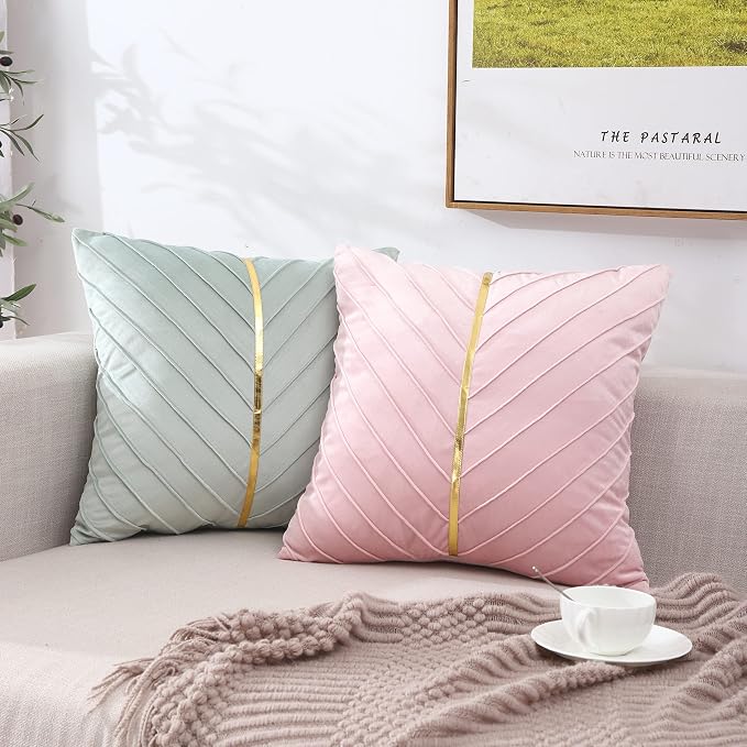 Velvet Throw Pillow Covers 18x18 Pack of 2 Gold Decor Mint Green | Soft Solid Pillow Covers,Modern Luxury Home Decor,for Couch Chair Sofa Bedroom Livingroom,Hidden Zipper,Ideal Gift,Easy Care