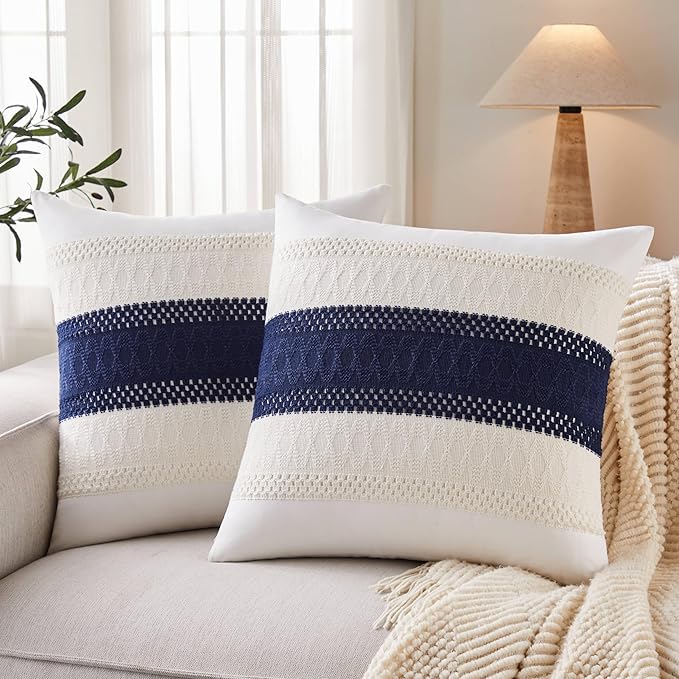 2pk Boho Pillow Covers 22x22, Natural White/Contrast/Navy Blue | 100% Organic Cotton Body, Stripe Embroidery, Farmhouse Decorative Cushion Covers for Sofa Bed Living Room Home Decor