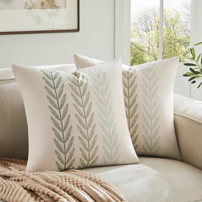Farmhouse Leaves Throw Pillow Covers Set of 2, 18x18in Mixed Green | 100% Organic Cotton, Rustic Accent Print Pillow Case, Pastoral Decorative Cushion Covers for Sofa Bed Living Room Home Decor
