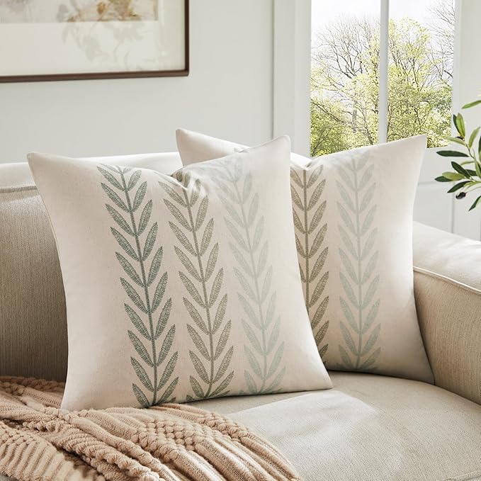 Farmhouse Leaves Throw Pillow Covers Set of 2, 24x24in Mixed Green | 100% Organic Cotton, Rustic Accent Print Pillow Case, Pastoral Decorative Cushion Covers for Sofa Bed Living Room Home Decor