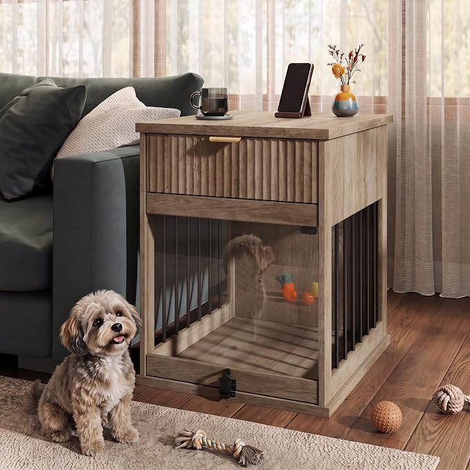 Dog Crate Furniture End Table for Small Dogs with Charging Station (Grey)