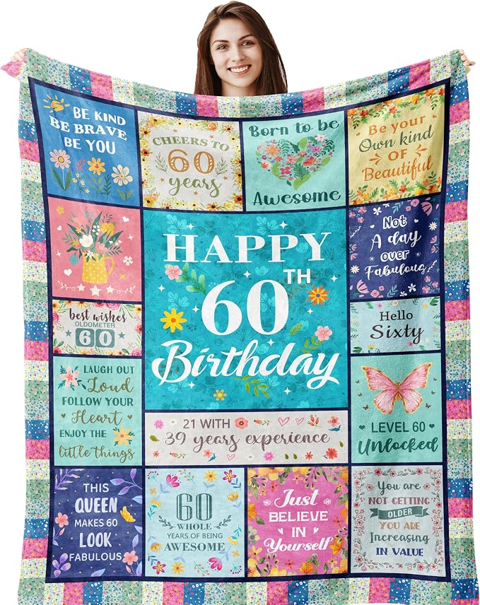 Butonus 60th Birthday Gifts for Women Blanket 60x50in, Gifts for 60 Year Old Woman, Happy 60th Birthday Decorations, 1966/Sixty Birthday Present for Her