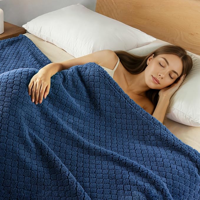 Exclusivo Mezcla Soft Fleece Throw Blanket for Couch, Navy Blue | Jacquard Lightweight Cozy Throws for Bed, Sofa, Breathable Decorative Fuzzy Textured All Season Use, 50x60 Inches