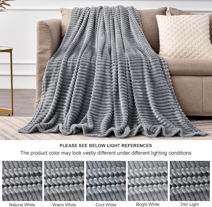 BEDELITE 3D Ribbed Jacquard Grey Fleece Twin Blanket for Bed, 60x80 Inch | Soft Warm Decorative Fluffy Blanket, Cozy Plush Lightweight Fuzzy Throw Blanket for Couch Sofa Room Decor, Gift for Women