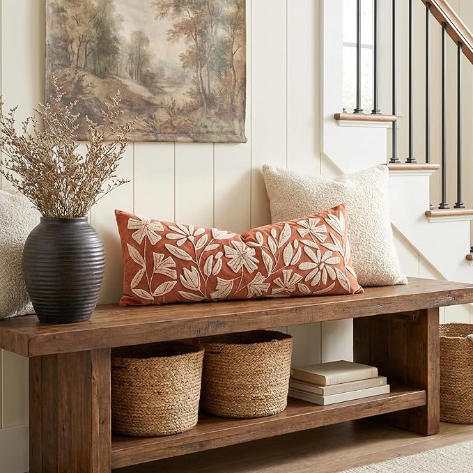 Long Lumbar Pillow Cover 14x36 for Bed, Rust Terracotta Floral Tufted Velvet Accent Oversize Throw Pillowcase for Bedroom, Cover Only
