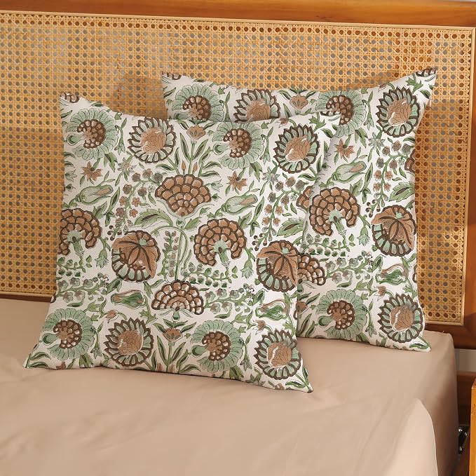 Block Print Pillow Covers 18x18 Inch Pack of 2 Boho Brown Green Floral Decor Throw Pillow Covers Spring Summer Flower Pillowcase Outdoor Farmhouse Decorative Cushion Cover for Couch Sofa