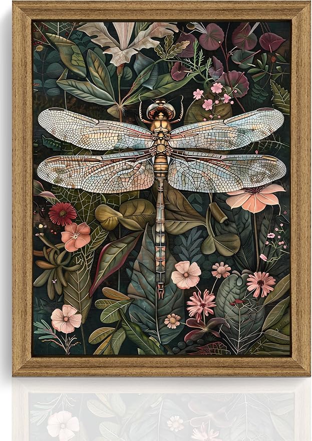 ICHZUMW Framed William Morris Vintage Dragonfly Canvas Wall Art 8x10 In | Dark Green Botanical Prints, Antique Aesthetic Wildflower Wall Decor for Bedroom Living Room Bathroom Office, Ready to Hang