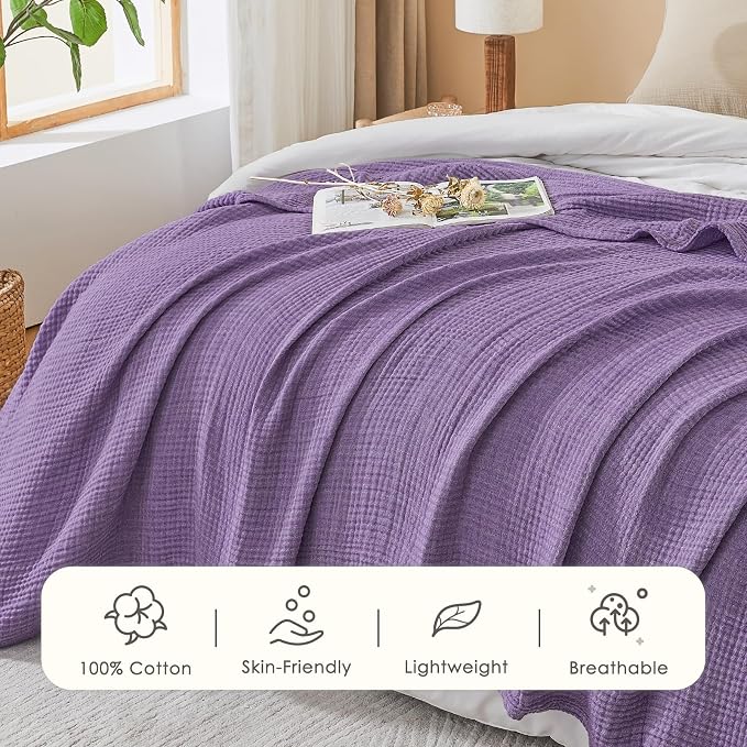 EMME Cotton Muslin Twin XL Blanket Breathable Gauze Soft Lightweight Adults Gifts for Women (Heather Purple, 66"x90")