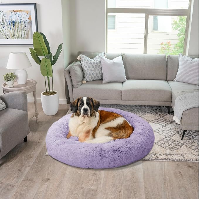 Best Friends by Sheri The Original Calming Donut Dog Bed for Extra-Large Dogs up to 150 lbs, Shag Faux Fur, Lavender, 45" x 45"