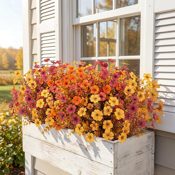 24 Pcs Artificial Fall Flowers, Fake Mums Outdoors, Deep Orange | Lifelike faux mums, silk flower, UV resistant, no-maintenance, for autumn Thanksgiving garden porch yard indoor outdoor decor