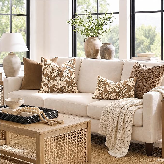 12x20 Lumbar Pillow Cover, Rectangular Brown Decorative Throw Pillowcase for Couch Sofa, Embroidered Velvet Farmhouse Accent Cushion (Cover Only)