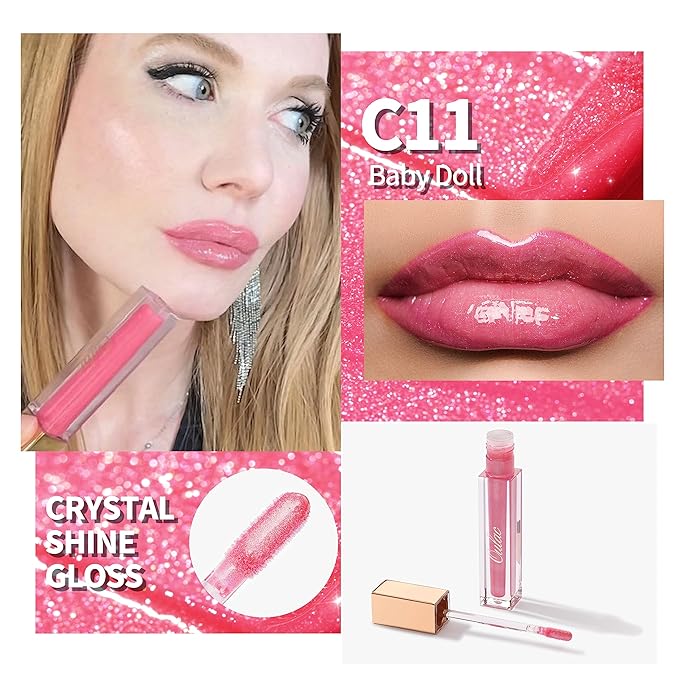 Oulac Pink Shimmer Liquid Lipstick High-Shine Glitter Lip Gloss for Women Shimmer Non-Sticky Glossy Finish Liquid Lipstick Hydrating Lip Gloss Fuller-looking Lip Makeup Vegan & Cruelty-Free 11
