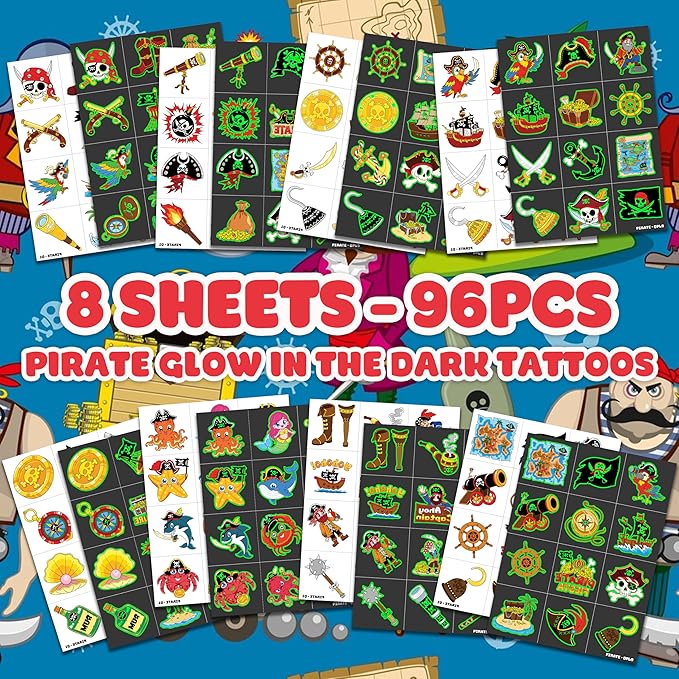 96 PCS Pirate Ship Nautical Pre-Cut Luminous Glow in the dark Temporary Tattoos for Kids | Super Cute Theme Birthday Party Favors Supplies Decorations, Treasure Fake Tattoos Gifts for Boys Girls