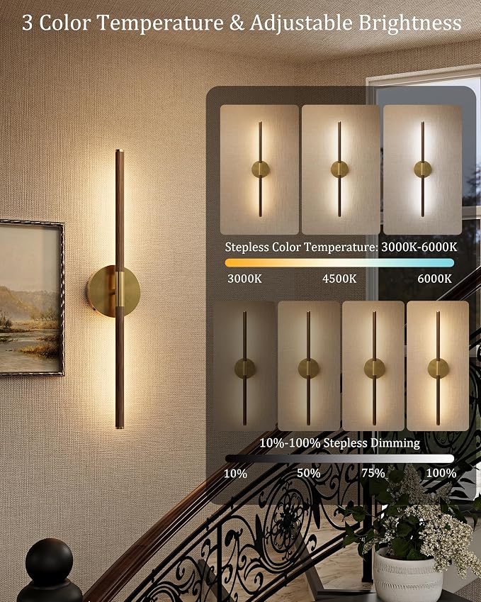 24" Battery Operated Wall Sconce Set of 2, 350° Rotating Lamp, Walnut Gold | Wireless, 8000mAh Rechargeable Battery, Stepless Dimming, 3000K-6000K, Remote & Touch Control, Timer, Living Room, Bedroom