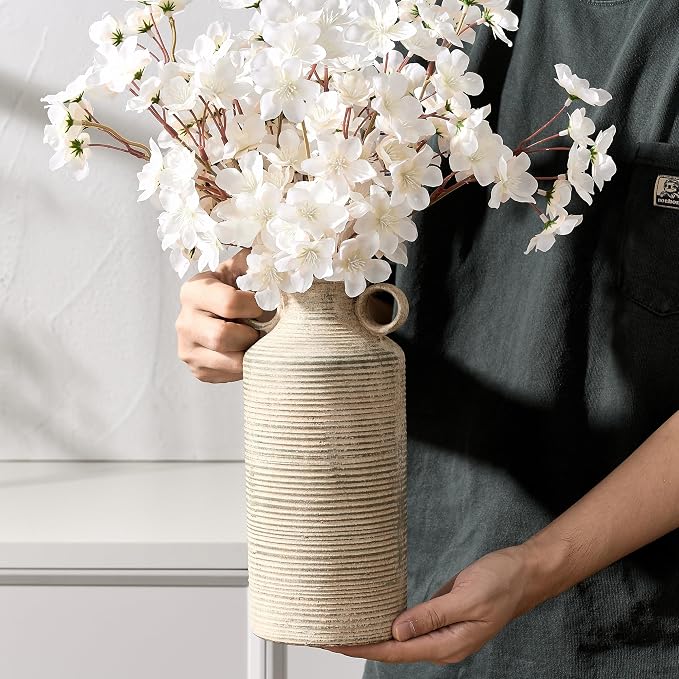 Vaseking Ceramic Rustic Vase with 2 Round Handles, Antique Farmhouse Flower Vase, Vintage Terracotta Vases for Home Decor, Wedding, Living Room, Table, Shelf Decor - 10.2 Inch Tall, Terra