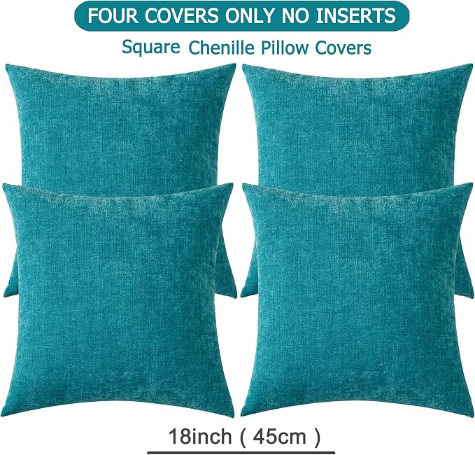 GAWAMAY Decorative Square Throw Pillow Covers 18x18 Inch Set of 4, Super Soft Chenille Pillows Cover Fall Pillowcase for Living Room Bedroom Sofa Couch Cushion Cover Teal 45x45cm (No Insert)