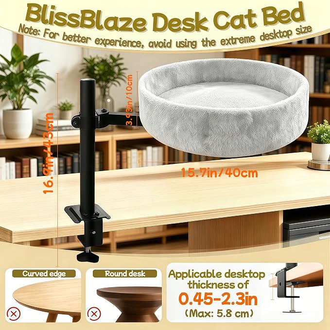 Cat Desk Bed,360° Rotating & Height Adjustable Desk Cat Bed,Space Saving Modern Indoor Cats Nest Furniture Cozy Faux Fur Pet Nest Perch Hammock for Various Desktops,15.7" L*15.7" W*16.9" H,Grey