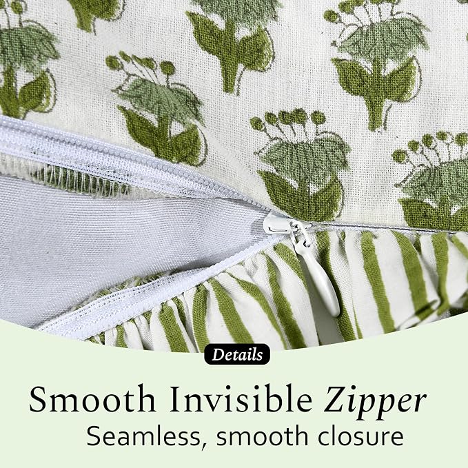 CPC Block Print Ruffle Throw Cover Emerald Green 16"x16" Inch Pack of 2-100% Cotton Ruffle Couch Decorative Boho Pillows Case for Living Room, Bedroom, Sofa, Farmhouse Gift for Spring, Mother's Day