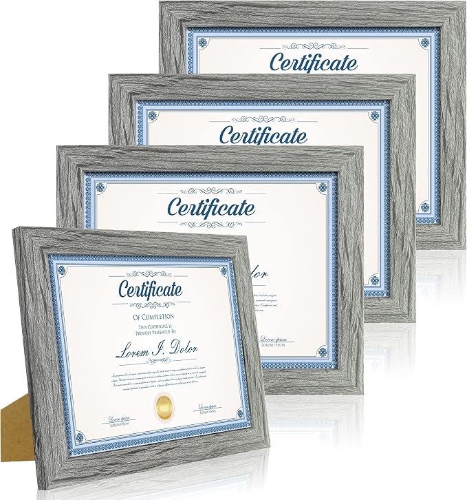 Hongkee 8.5 x 11 Picture Frame Set of 4, Made of Real Glass and Grey Certificate & Diploma Frame, 8.5 by 11 Photo for Wall or Tabletop - Display Picture 6x8 with Mat or 8.5x11 Without Mat