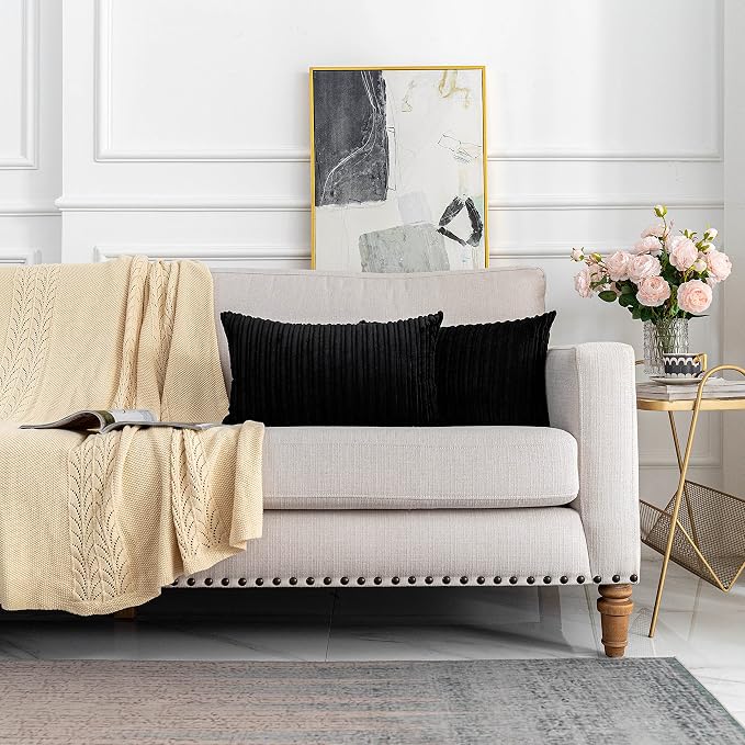 UGASA 14x20 Inch Pillow Cover Pack of 1 Soft Boho Stripe Corduroy Long Rectangular Lumbar Cushion Cover Farmhouse Decorative Throw Pillowcase for Bed, Couch, Sofa, Bedroom, Living Room, Black