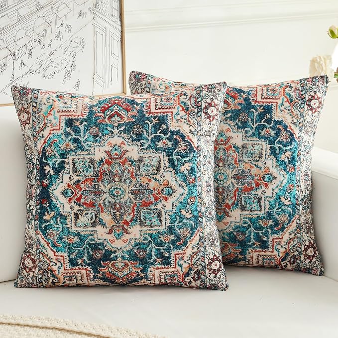Boho Throw Pillow Covers 24x24 inch Set of 2,Boho Vintage Carpet Pattern Antique Ethnic Decor Double Sided Pattern Cushion Cover Soft Pillow Case Living Sofa Room Bed Square Pillow Cover
