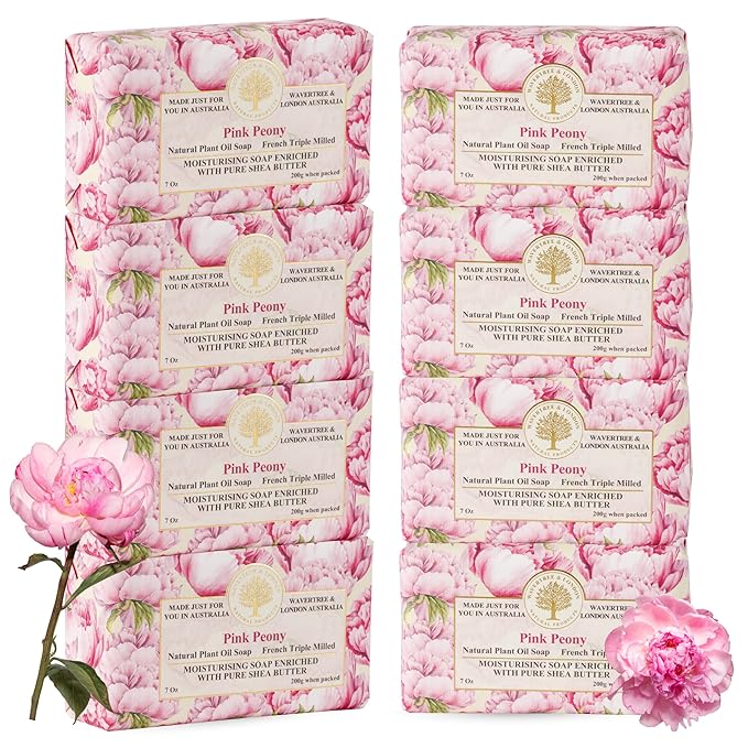 Wavertree & London Pink Peony Scented Natural Soap (8 Bars), 7oz Moisturizing French Triple Milled Soap Bars enriched with shea butter - Pure Plant Oil Bath & Body Bars for All Skin Types