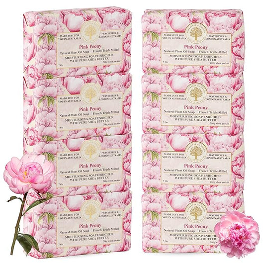 Wavertree & London Pink Peony Scented Natural Soap (8 Bars), 7oz Moisturizing French Triple Milled Soap Bars enriched with shea butter - Pure Plant Oil Bath & Body Bars for All Skin Types