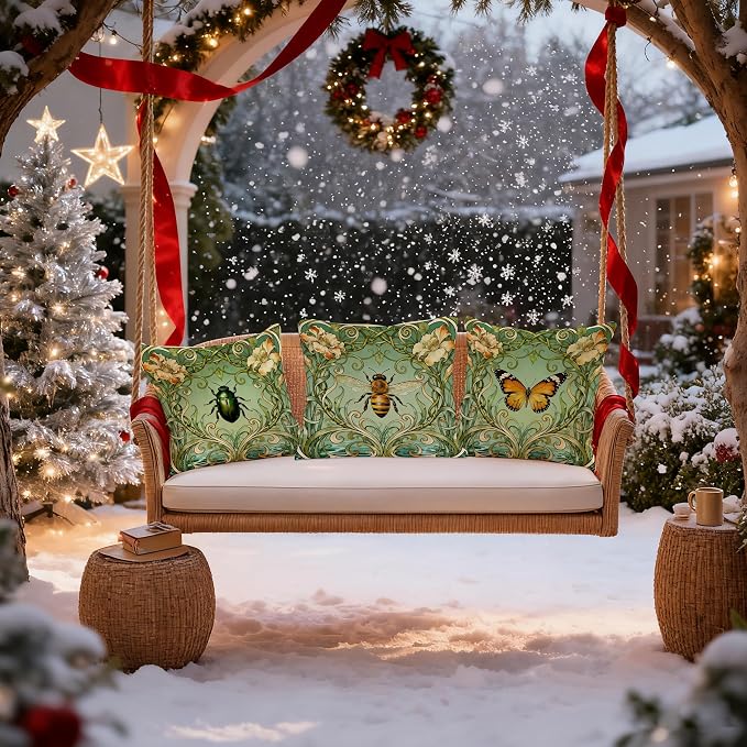 Green Art Nouveau Floral Insects Pillow Covers 18x18 Set of 4, Nature Lover Gifts, Cottagecore Vintage Nature Dragonfly Bee Butterfly Beetle Decorative Pillow Covers for Home Living Room