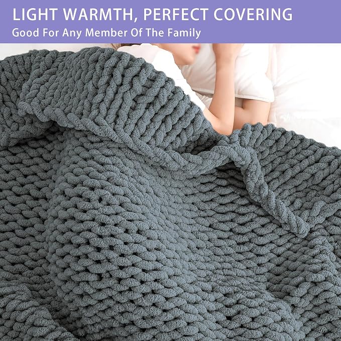 Bigacogo Chunky Knit Throw Blanket for Couch, 60x80 inches, Iron Gray | Hand Knit with Jumbo Chenille, Soft Breathable Cable Knit for Sofa Bed Living Room, Machine Washable, Gift for Mom Friend
