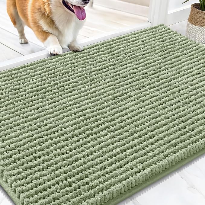 OLANLY Dog Door Mat for Muddy Paws 30x20, Extra Absorbent Chenille Mud Mat | Sage Green, Absorbs Moisture and Dirt, Non-Slip Machine Washable Doormat, Quick-Drying Indoor Entryway Floor Mat for Dogs