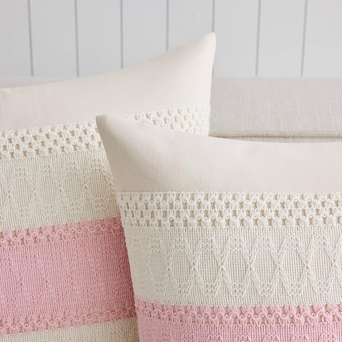 2 Pack Boho Throw Pillow Covers, Contrast Light Pink 16x16in | Soft Breathable Cotton, Farmhouse Decorative Couch Pillow Cases, Cushion Covers for Sofa Bed Living Room Home Decor