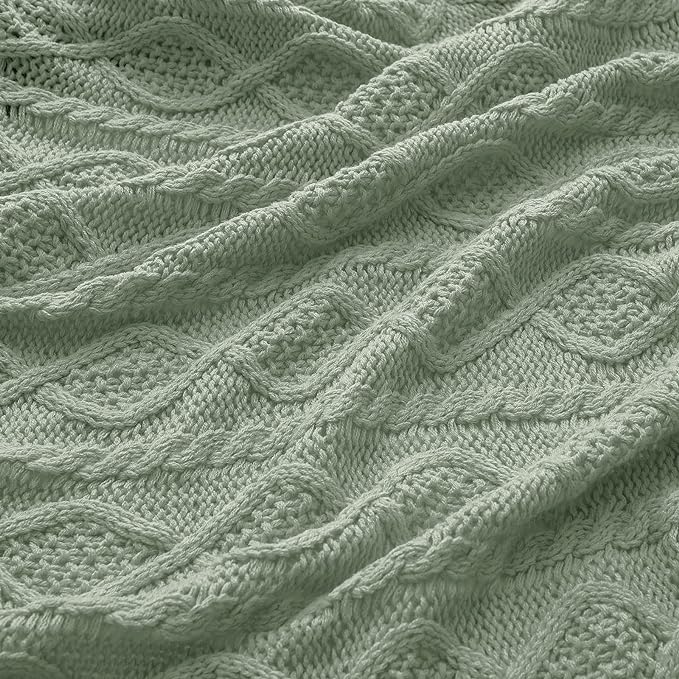 Homiest Sage Green Cable Knit Throw Blanket Set of 3, with 2 Pillow Covers | Pure Acrylic, Lightweight & Breathable, All-Season Use, Machine Washable, Wrinkle & Fade Resistant, for Couch Bed And Sofa