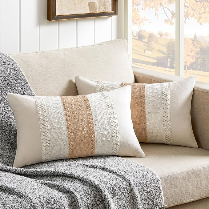2 Pack Boho Lumbar Pillow Covers, Contrast Beige 12x20in | Soft Breathable Cotton, Farmhouse Decorative Couch Pillow Cases, Cushion Covers for Sofa Bed Living Room Home Decor