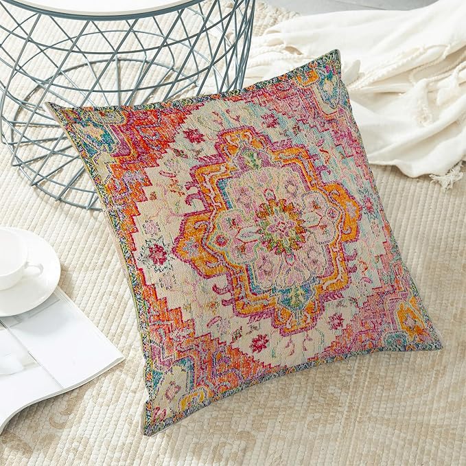 Boho Pillow Covers 18x18 Inch Set of 2,Carpet Pattern Throw Pillows Case,Orange Yellow Ethnic Design Retro Outdoor Decorative Square Linen Farmhouse Decor Cushion Covers for Home Sofa Bed Couch