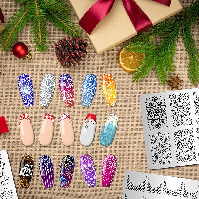 Arbuya Christmas Nail Art Stamping Plates Set of 3 - Winter Snowflakes Fireworks French Tips Stainless Steel Manicure Art Tools for DIY Print Manicure Salon Design Gift Supplies