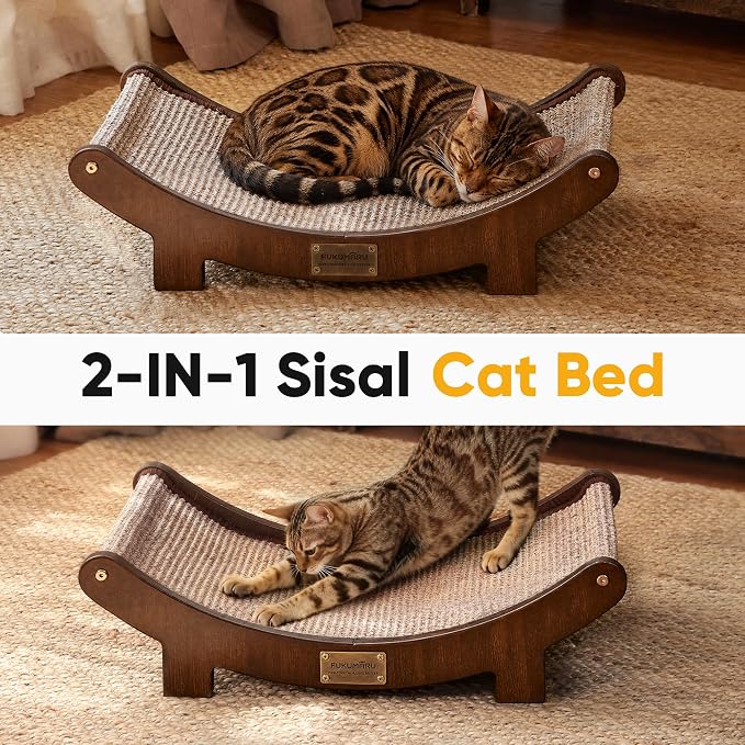 FUKUMARU Extra Large Sisal Cat Scratcher Bed Indoor Sturdy Wood Scratch Bed | 27.4 Inch Large Cat Scratching Bed Scratch Pad, 100% Natural Sisal Cat Hammock, Solid Wood Frame Lounger Chair Sofa