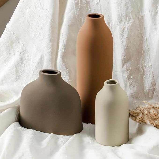 Enra Ceramic Vase Set of 3, Modern Minimalist Vases for Home Decor | Warm matte finishes in three sizes, perfect for pampas grass, dried stems, shelves, mantels and tabletop styling.