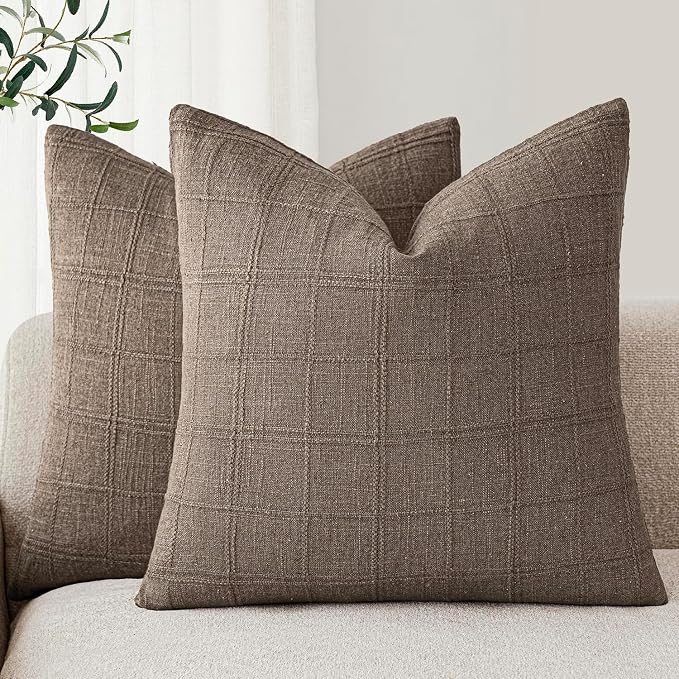 Foindtower Set of 2 Decorative Linen Check Throw Pillow Covers Neutral Farmhouse Vintage Cushion Covers Modern Boho Home Decor for Sofa Chair Couch Bedroom Living Room,24×24 Inch,Taupe Grey