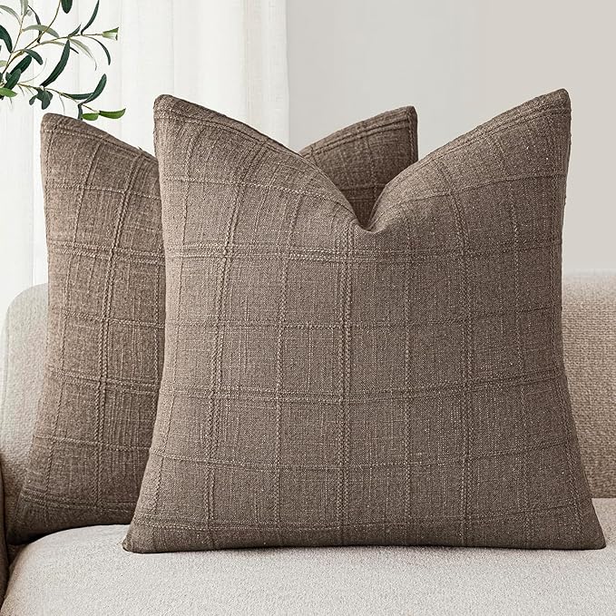 Foindtower Set of 2 Decorative Linen Check Throw Pillow Covers Neutral Farmhouse Vintage Cushion Covers Modern Boho Home Decor for Sofa Chair Couch Bedroom Living Room,26×26 Inch,Taupe Grey
