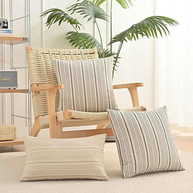 Gray Outdoor Striped Decorative Couch Throw Pillow Covers 18x18 | Pack of 2 Farmhouse Square Throw Pillows for Couch Sofa Bed 18x18 in Grey and Cream